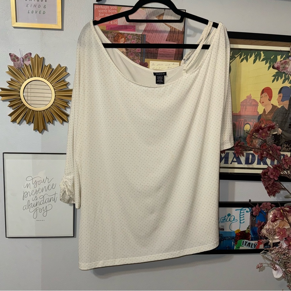 Ivory w/ Gold Polka Dot SS One Shoulder Top / Blouse Women's Size 2